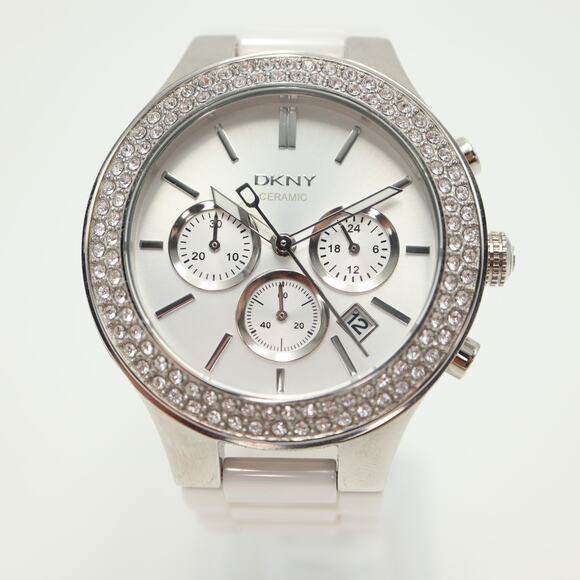 DKNY Broadway White Ceramic Chronograph Watch 43mm Silver Date w New Battery - Picture 5 of 14